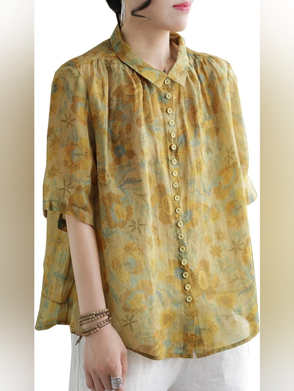 Short-Sleeve Floral Button-Up Blouse in Mustard Yellow
